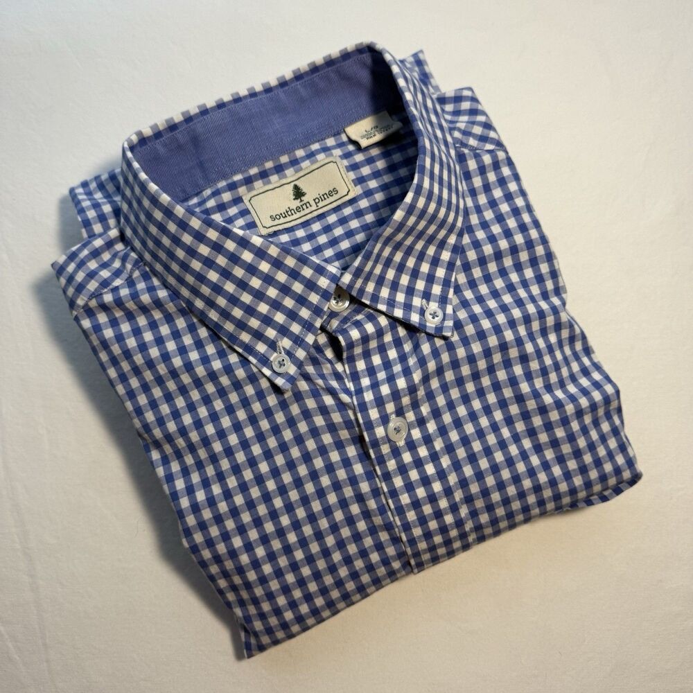 Southern Pines Mens Spring Blue Plaid Button Down Shirt Long Sleeve Casual Large